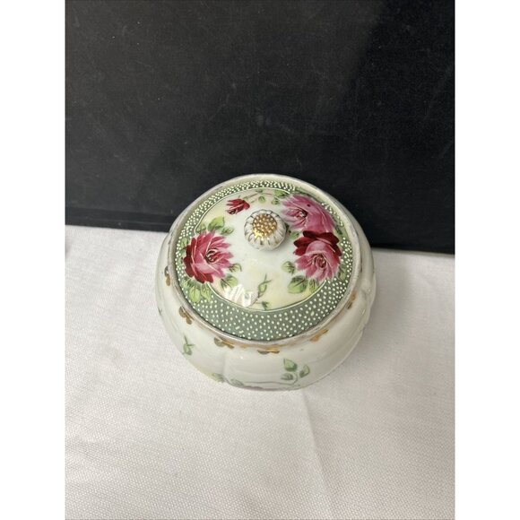 Antique Nippon Cabbage Rose Floral Lidded Footed Biscuit Jar Hand Painted - Picture 5 of 7